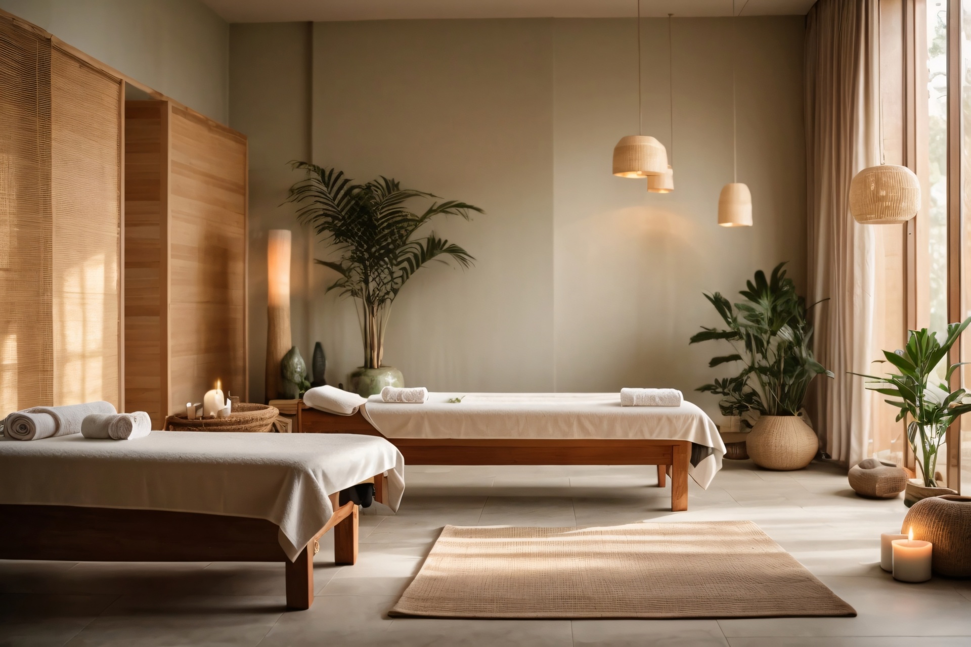 Calming luxury spa interior with warm neutral tones