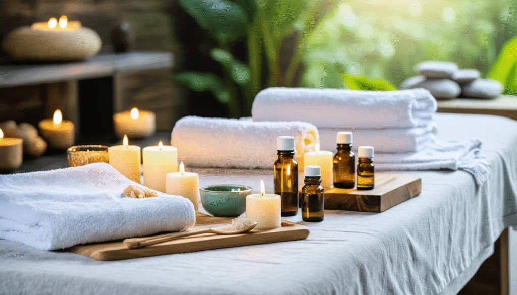 Elegant spa reception or lounge area with warm natural materials